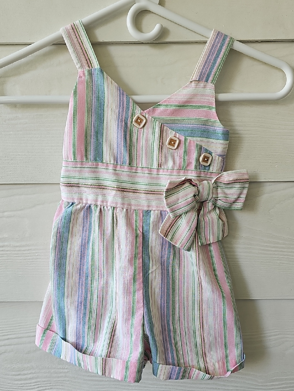 Bonnie Jean Pastel Striped Romper with Waist Bow
